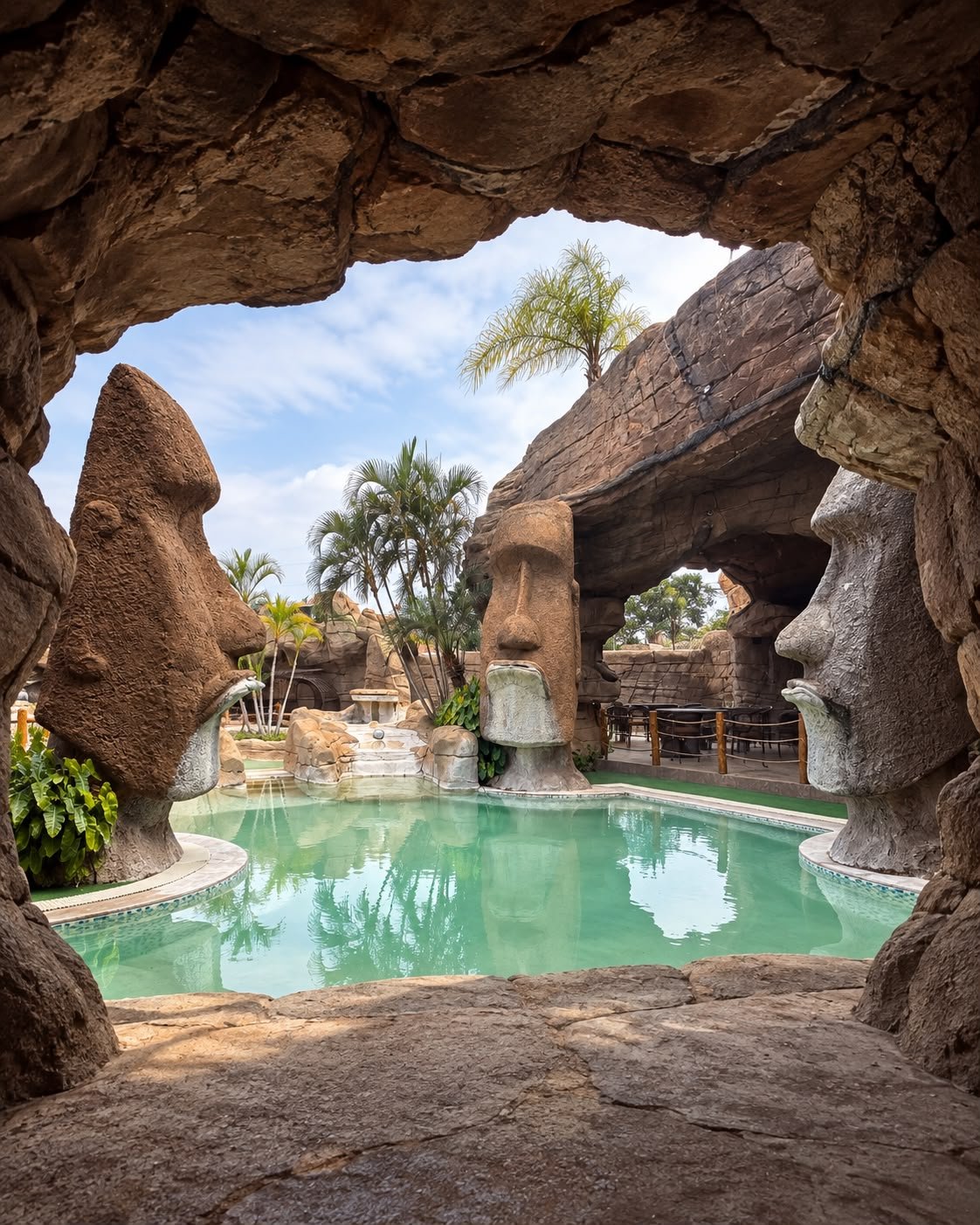 Vista da piscina com estátuas Moai e gruta