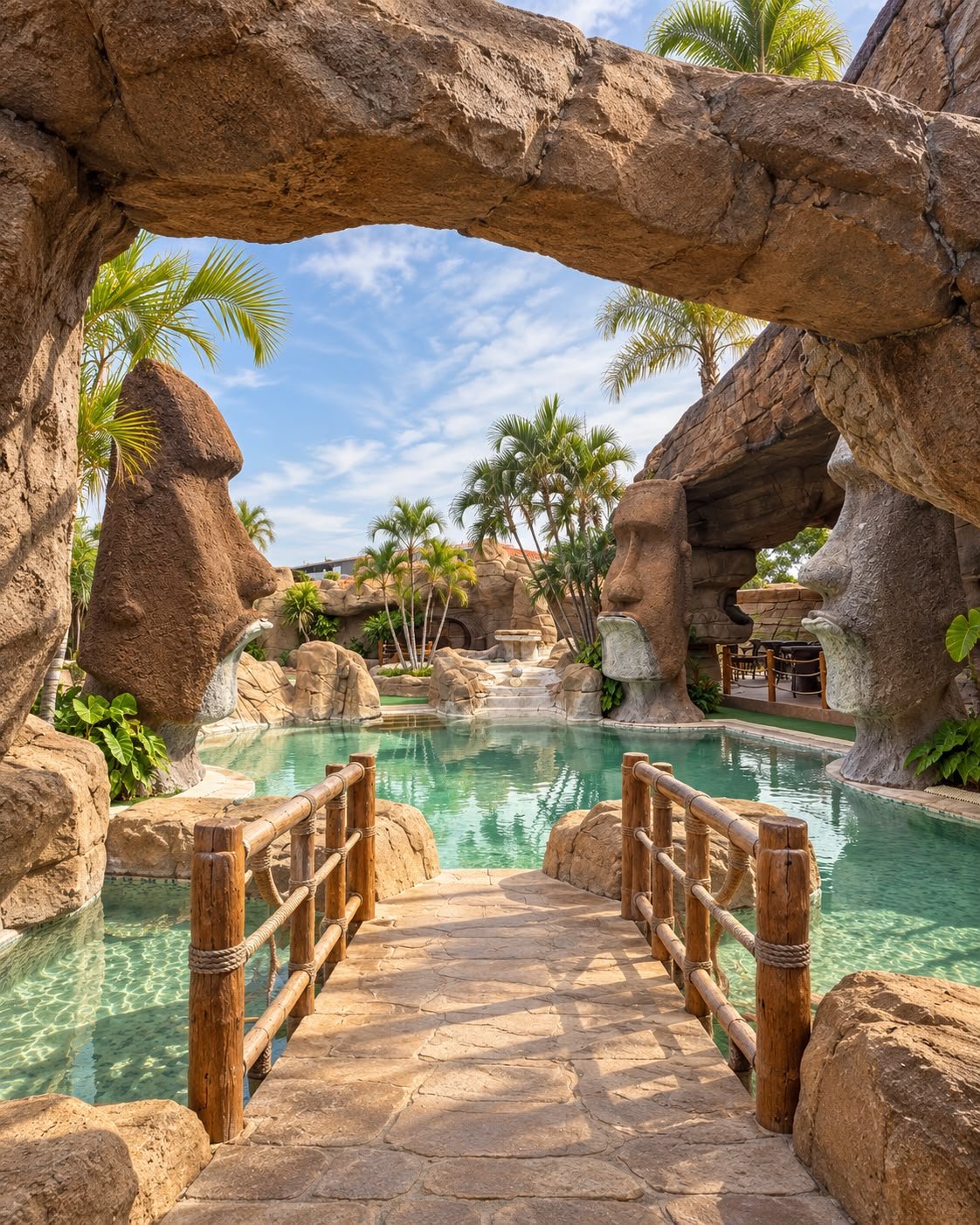 Ponte rústica sobre a piscina cristalina