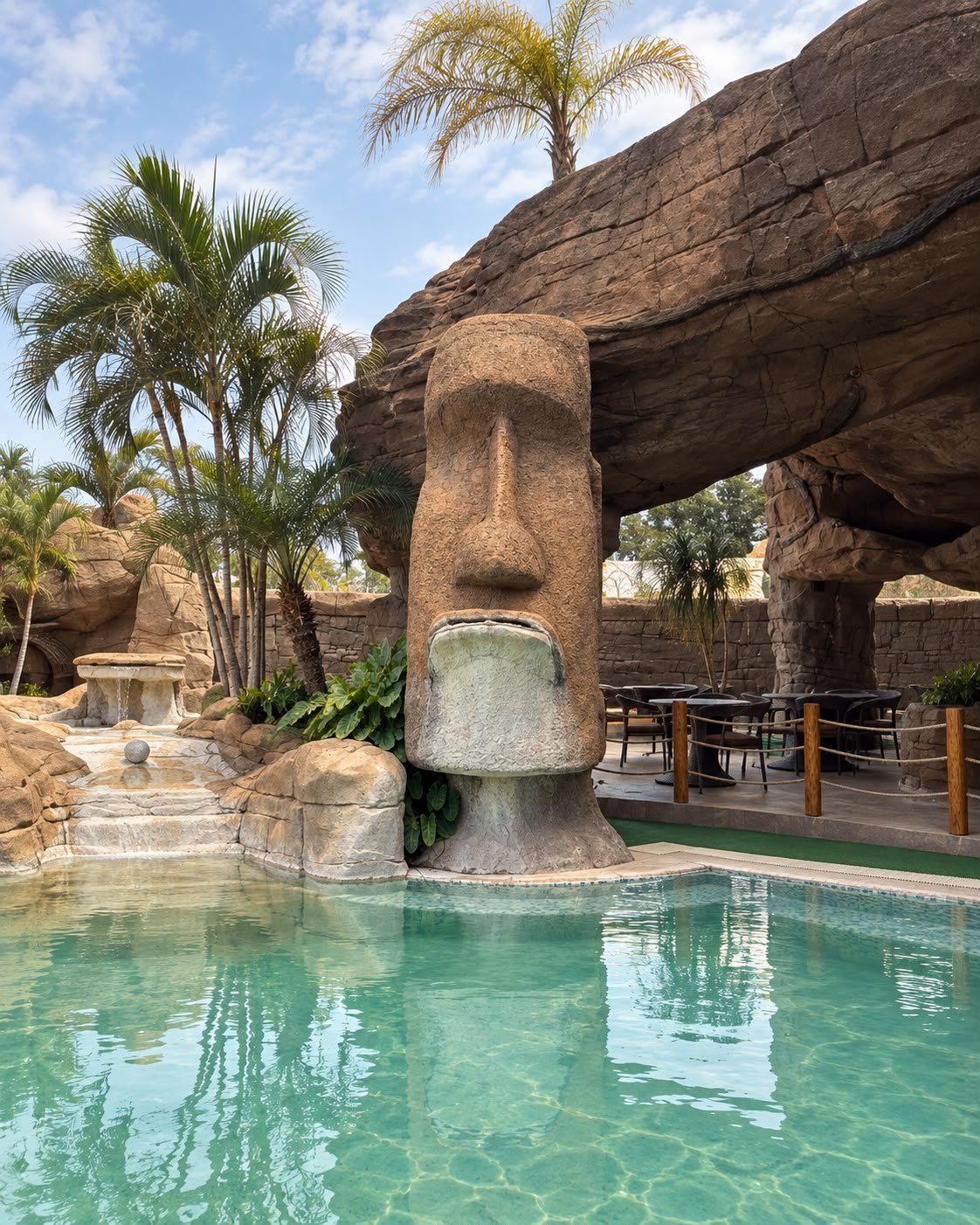 Estátua Moai e zona de lazer à beira da piscina