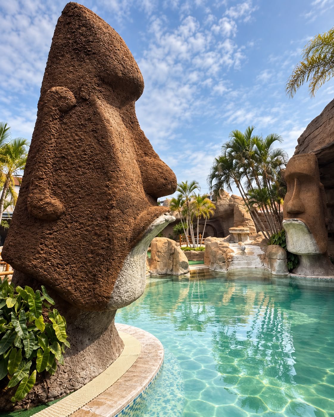 Espaço exclusivo Moai com piscina e ambiente temático